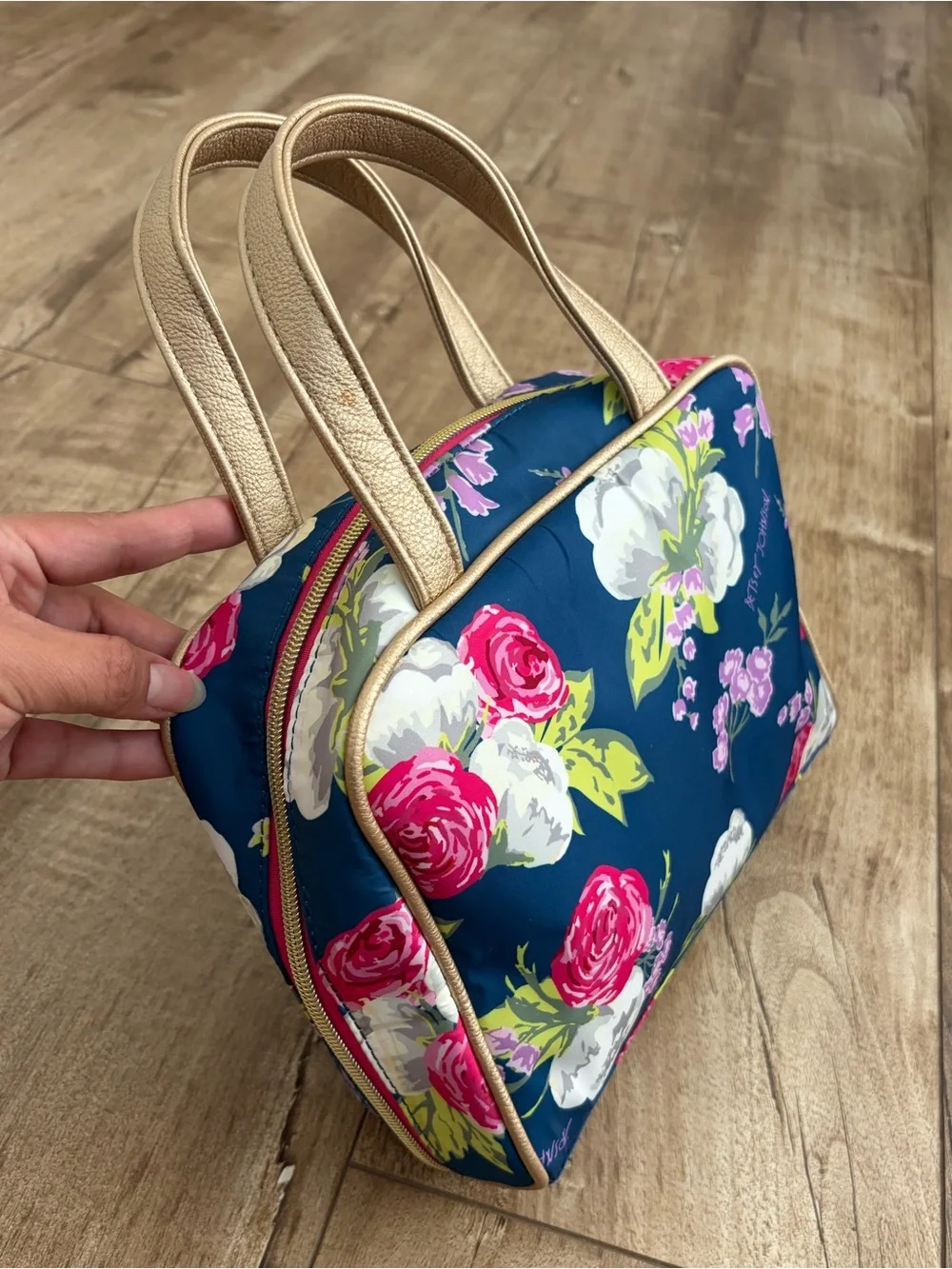 Betsey Johnson Floral Navy Cosmetic Bag with Pink Rose Print